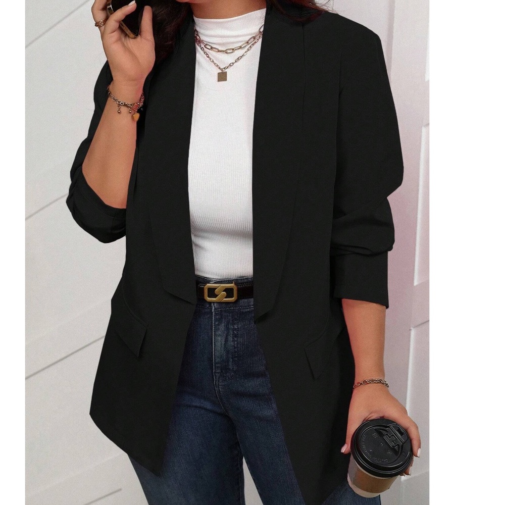 Plus Classic Solid Open Front Jacket Blazer